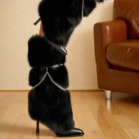 Women's Pointed Toe Stiletto Heels Fluffy Fur Boots Fashion Y2K Halloween Party - Picture 4 of 5